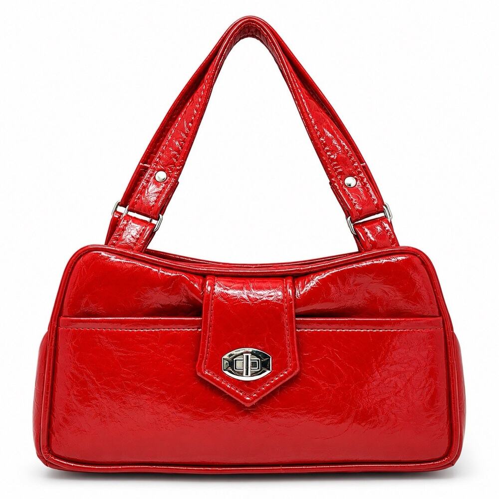 Vintage 1970s Cherry Red Crinkle Patent Shoulder Handbag Mod Purse